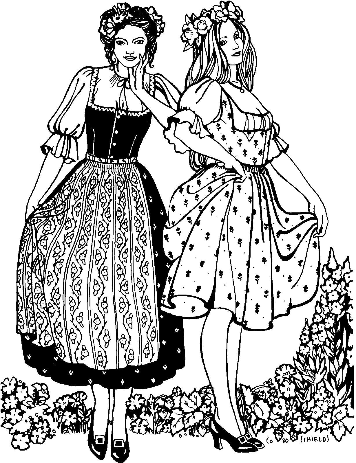 Pen and Ink drawing by artist Gretchen Shields. Two women wearing 123 Austrian Dirndl. Woman on left is wearing view A with an apron. Woman on right is wearing view B holding the skirt of the dress in her hands. Both wear flower crowns.
