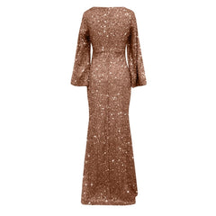 safuny Women's Maxi Bodycon Dress Solid Sequins Shiny Trendy Dresses Holiday Long Sleeve Scoop Neck Elegant Cocktail Wedding Evening Party Gold L