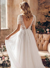 Missacc Ivory Bride Boho A-Line V-Neck Short Sleeves Lace/Tulle Wedding Dresses With Split Front