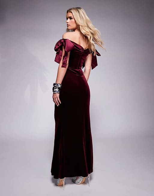 Ever New Petite bow draped velvet maxi dress in oxblood