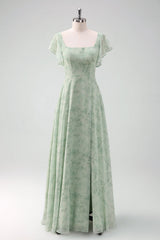 Dusty Sage Square Neck Floral Print Chiffon Long Bridesmaid Dress with Slit