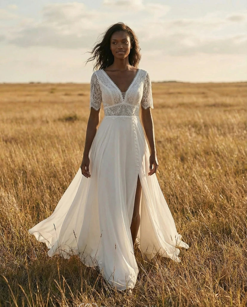 Casual Boho V-Neck Lace Wedding Dress - Short Sleeve Chiffon Bridal Gown with Button Detail and Slit