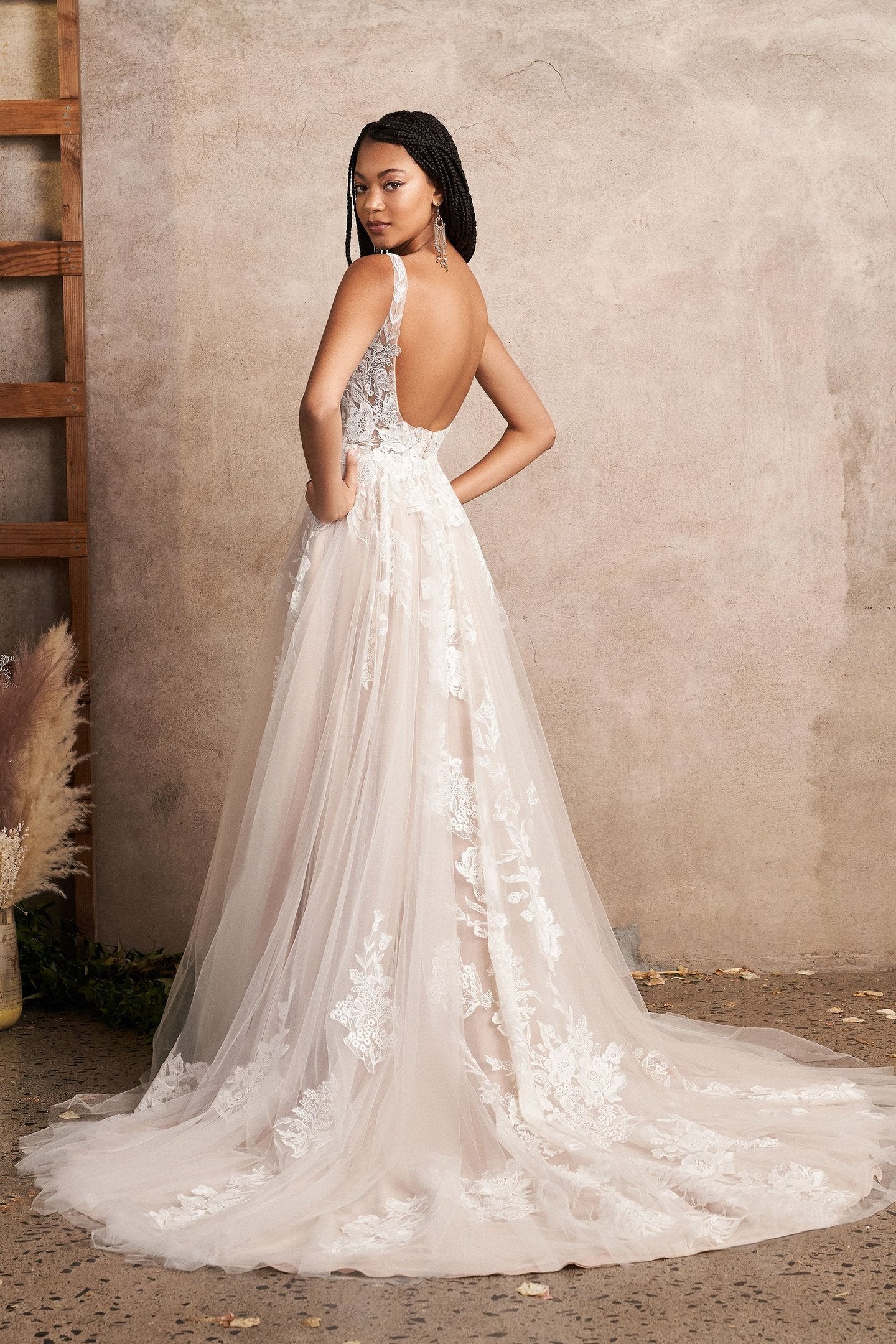 66225: Square Neck Tulle A-Line Gown with Sequined Appliqués