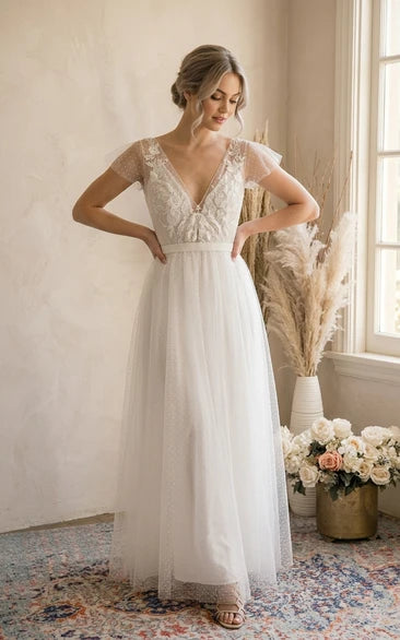 A-Line Lace Tulle Boho Wedding Dress Short Sleeve V-neck Petite Maxi Gown with Polka Dots