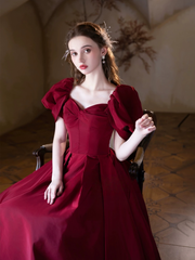 maroon formal dress A-Line Puff Sleeves Satin Burgundy Long prom Dress, Burgundy Long Form – shopluu Color:Amber Bloom brunch outfits for every do_not_sell_to_EE accentuating your silhouette –