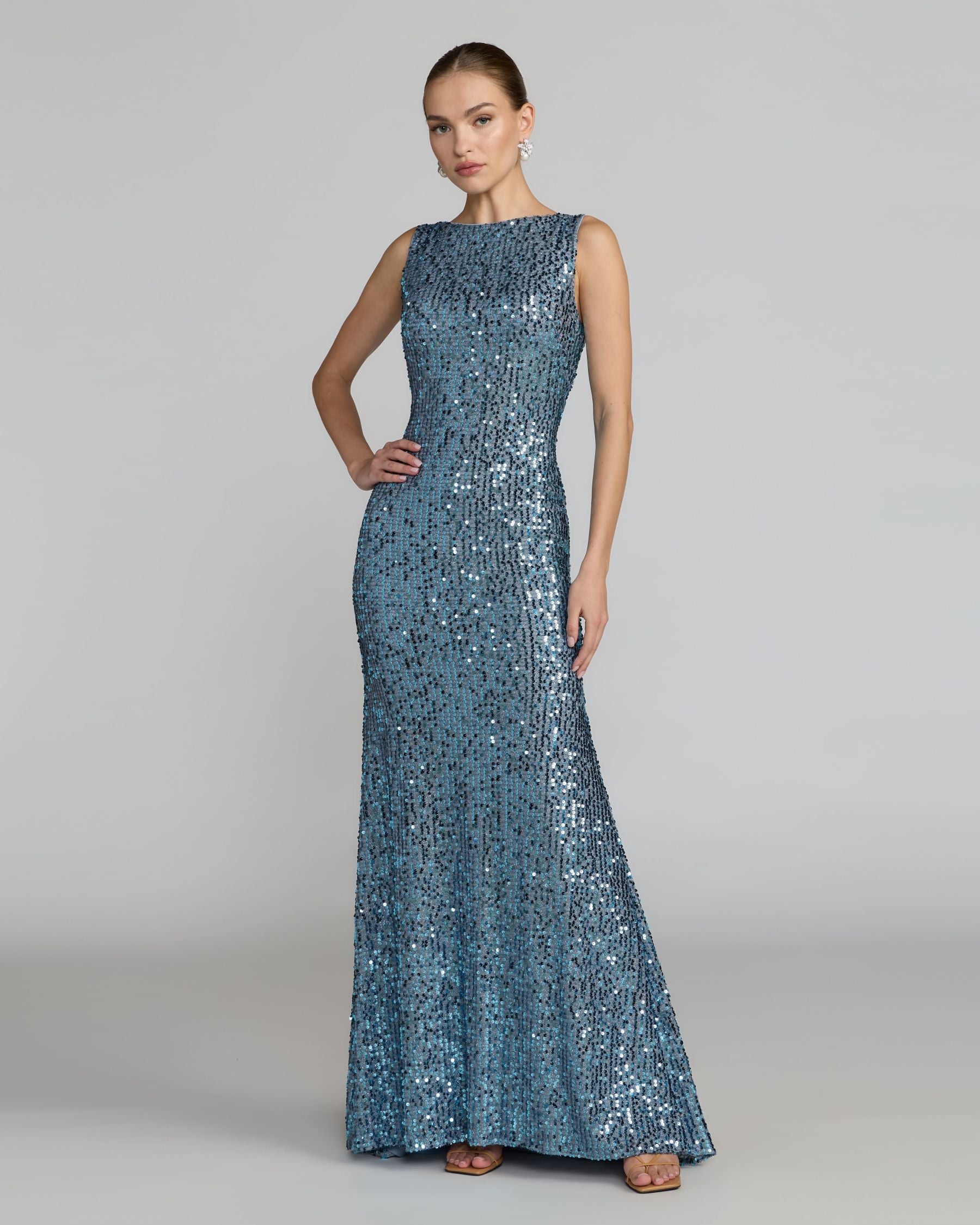Petite Blue Cowl Back Boat Neck Sequined Evening Gown Ieena for Mac Duggal