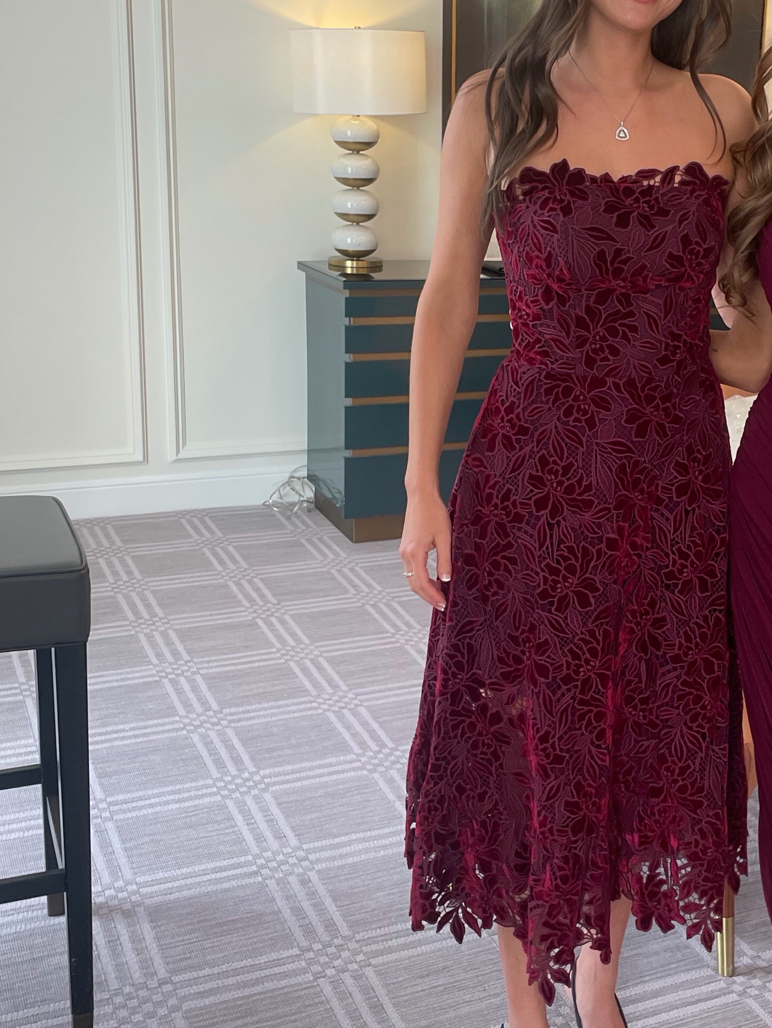 DRESS THE POPULATION - burgundy strapless lace dress by Dress The Population