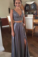 Beaded Silver Floor Length Two Piece Graduation Dress,Prom Dresses, MP423