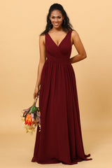 bridesmaids dress burgundy Wedtrend Cabernet A Line V Neck Sexy Pleated Floor Length Chiffon Long Bridesmaid