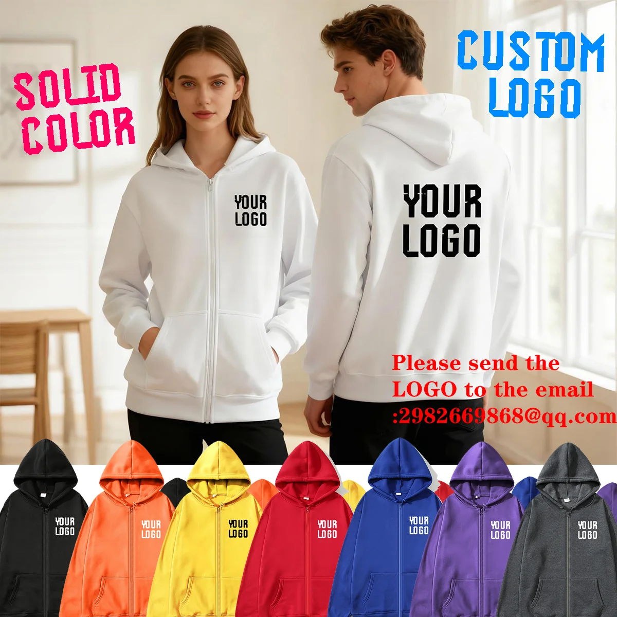 Solid color zipper hoodie | Customizable text pattern jacket | unisex, team customization