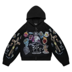 Trendy Y2K Mens Street Black Zip Up Hoodie Unisex with Religious Pattern Multi Element Print for Niche Youth Express Personality