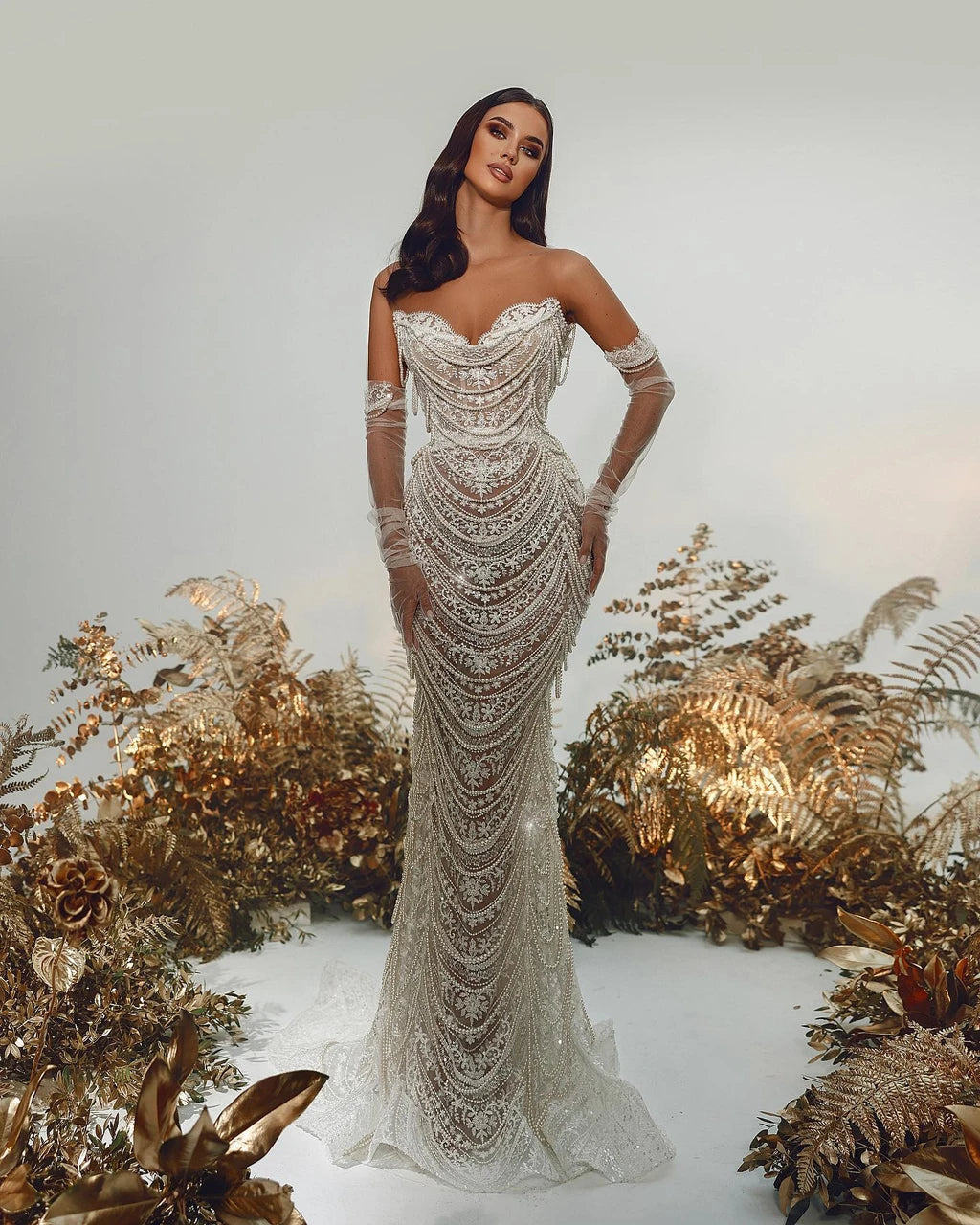 Strapless Pearl Crystal Lace Maxi Dress White