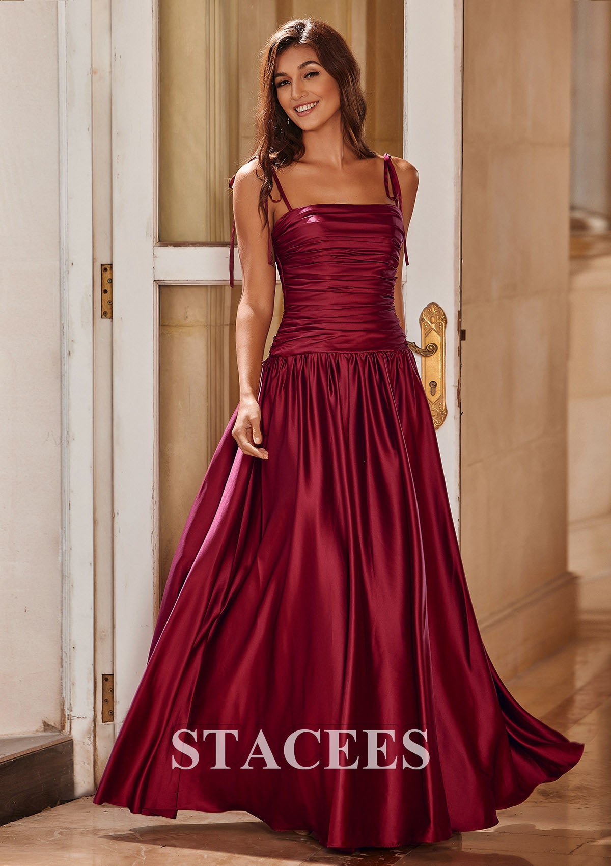 Stacees A-line Spaghetti Straps Ruched Prom Dress in Navy Blue