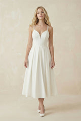 A - Line V - Neck Sleeveless Satin Knee - Length Wedding Dress – Wedding Dresses by KissProm | Available at KissProm