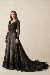 Modern Gothic Boho Lace Black Wedding Dress Vintage Unique A-Line Long Sleeve Bridal Gown with Court Train – Wedding Dresses by KissProm | Available at KissProm