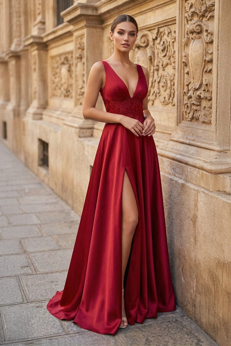 Burgundy V Neck Lace Long Prom Evening Dress with High Slit - KISSPROM PROM DRESSES
