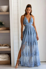 dusty blue lace maxi dress with cut outs