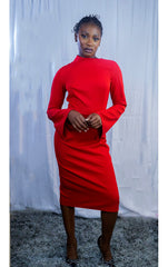Red Long Sleeve Midi Bodycon Dress – Elegant High Neck Bell Sleeve Fitted Party Dress for Women