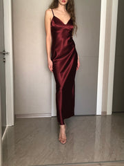Maxi Silk Satin Dress,wine Red Extra Full Length Slip Dress,burgundy Adjustable Spaghetti Straps,maroon Silky Deep V Neck Bias Cut Dress