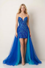 Royal Blue Sheath V Neck Sequined Mini Party Dresses with Train – KissProm