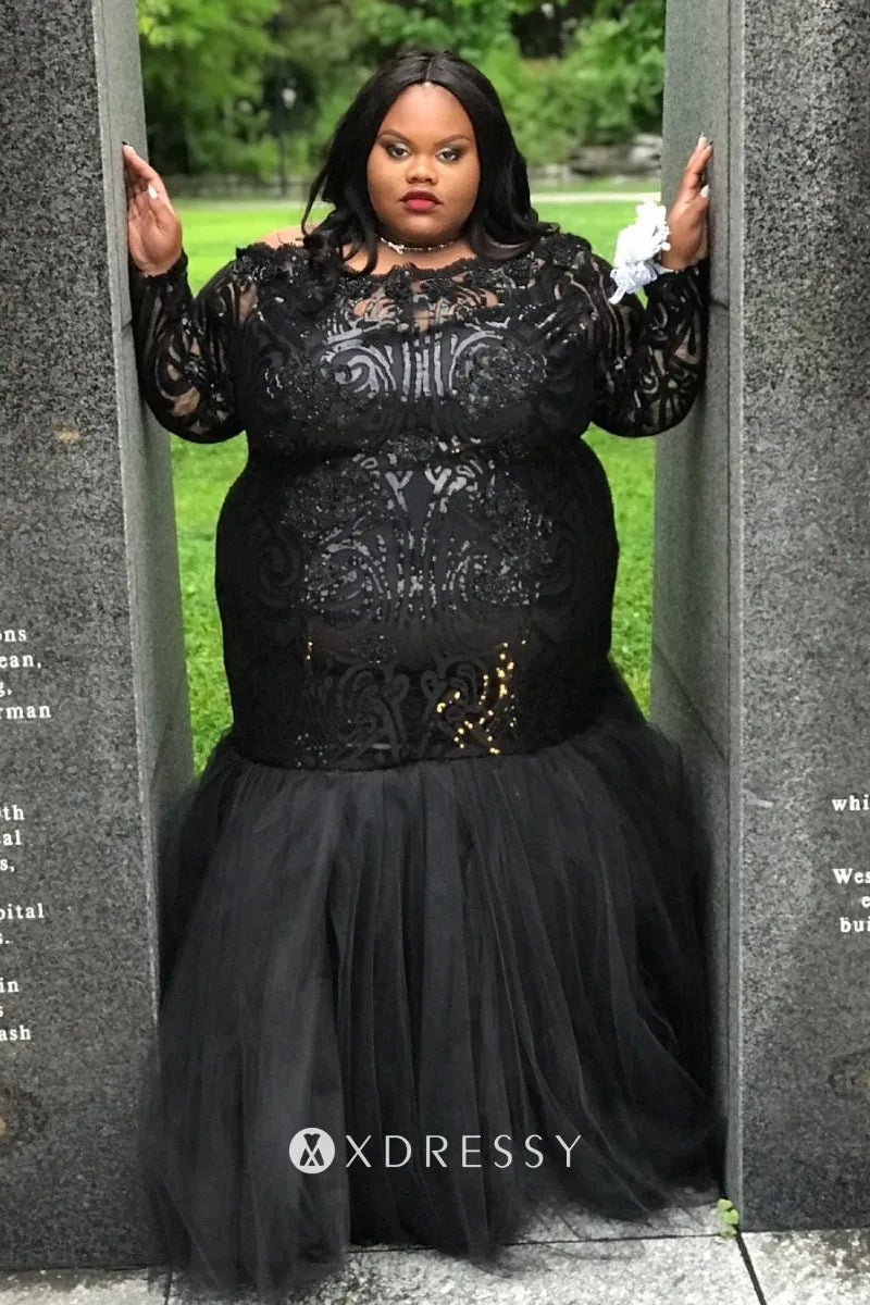 Sleeved Black Sequin & Tulle Plus Size Prom Dress