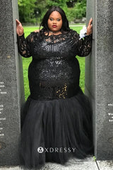 Sleeved Black Sequin & Tulle Plus Size Prom Dress