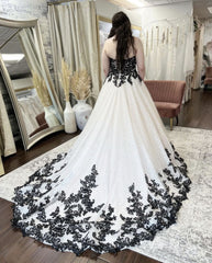 Gothic Black and White Wedding Dress Plus Size Strapless Sweep Train Bridal Gown