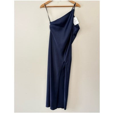 ASOS Navy One Shoulder Satin Midi Dress Side Slit Drape Back Elegant Evening 4