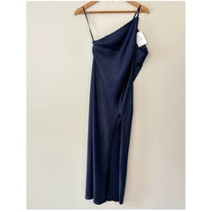ASOS Navy One Shoulder Satin Midi Dress Side Slit Drape Back Elegant Evening 4