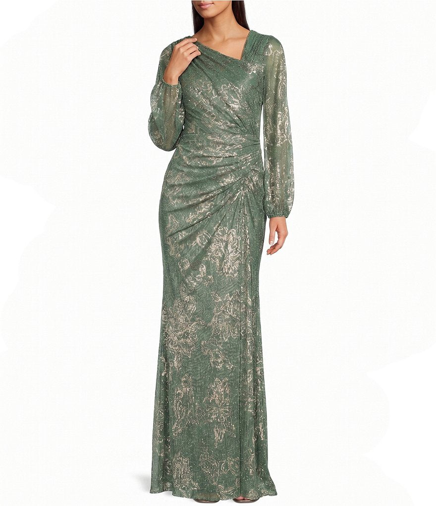 Adrianna Papell Foil Novelty Knit Asymmetric Neck Ruched Long Sleeve Mother of the Bride Dress, Womens, 14, Matcha Green