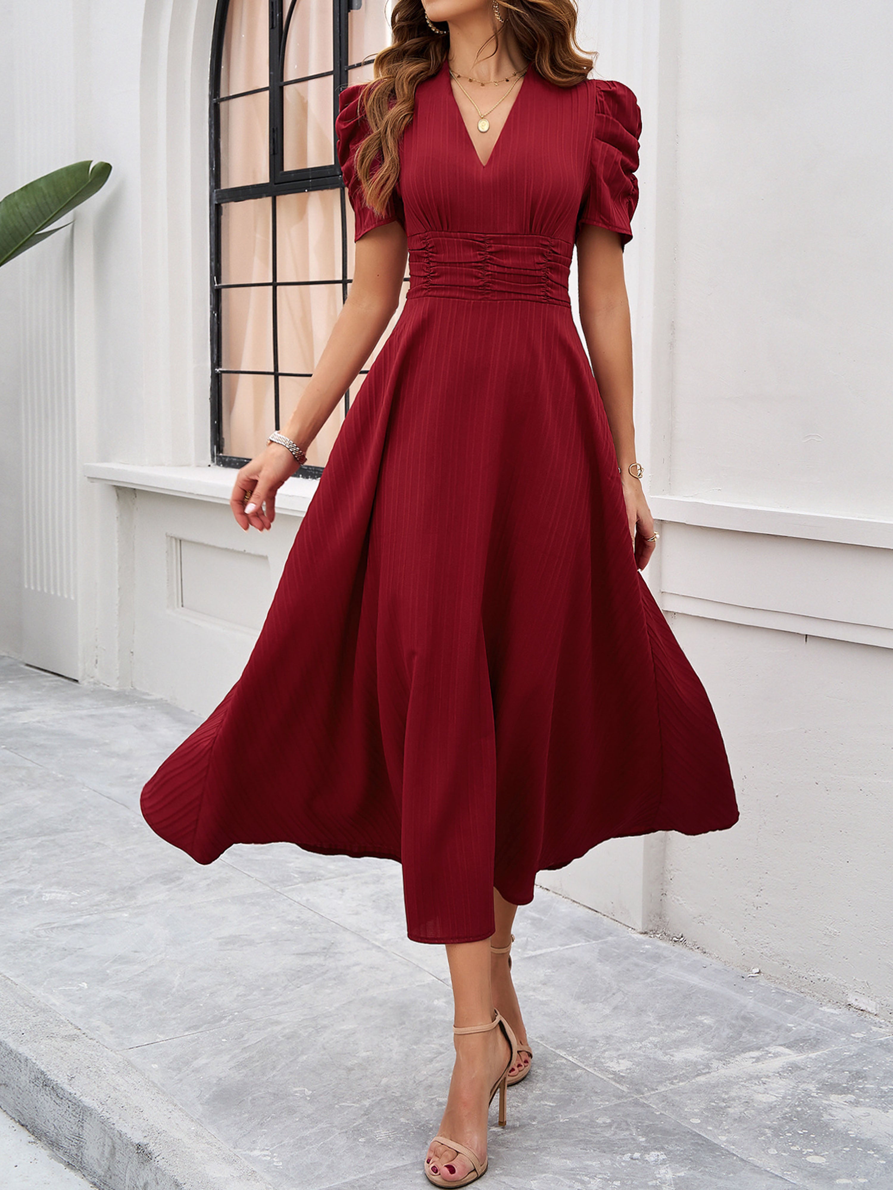 Wedding Guest Winter Burgundy Dress Elegant Empire Waist A Line Sleeves Burgundy Wedding Guest Dress