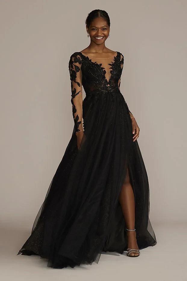 David’s Bridal + Illusion Long Sleeve Lace Appliqued Wedding Dress