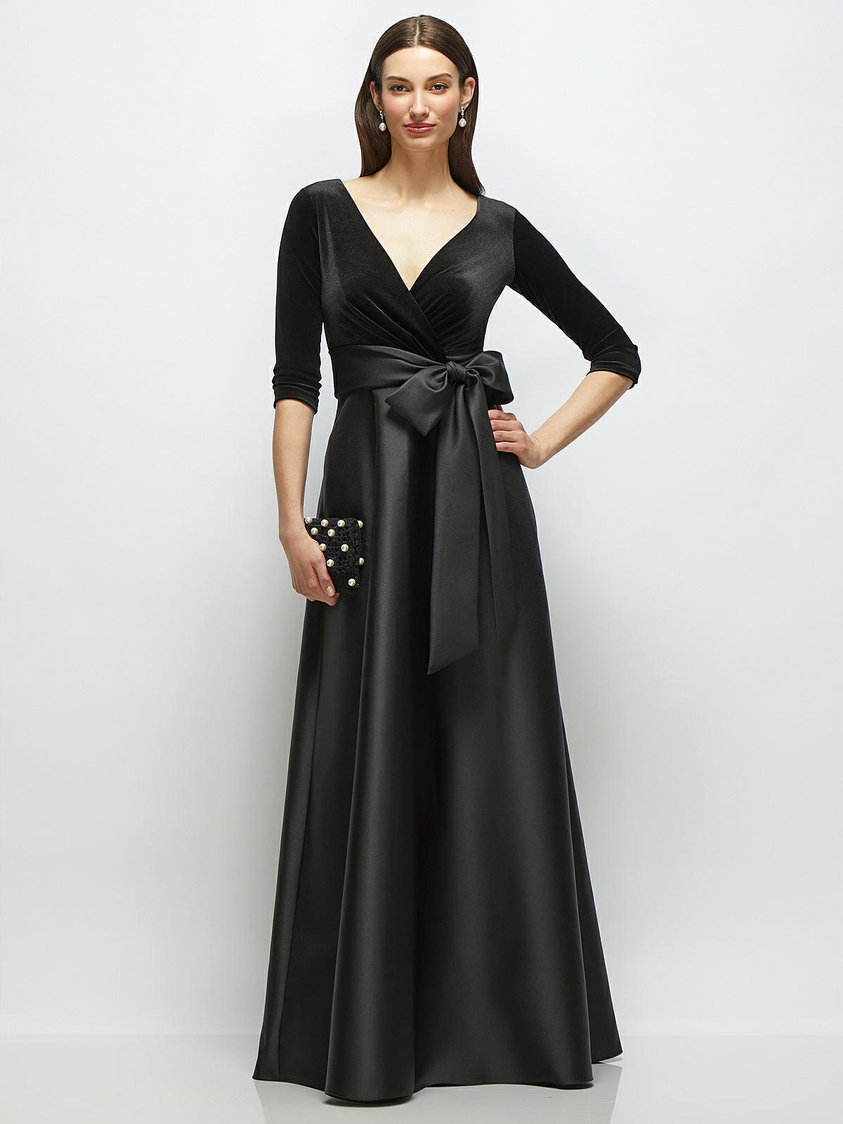 3/4 Sleeve Wrap Bodice Full Skirt Black Velvet And Satin Bridesmaid Dress With Sash In Black