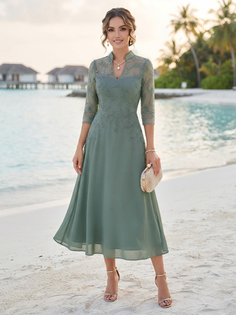 A-Line/Princess 3/4 Sleeves V-Neck Tea-Length Mother Of The Bride Dresses With Sequins & Beading