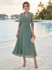A-Line/Princess 3/4 Sleeves V-Neck Tea-Length Mother Of The Bride Dresses With Sequins & Beading