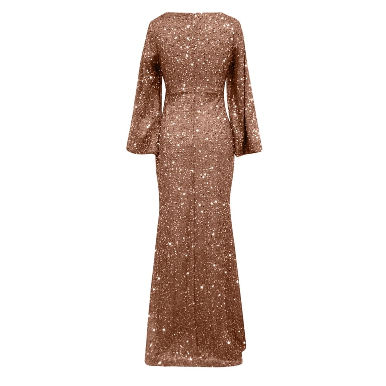 safuny Women's Maxi Bodycon Dress Solid Sequins Shiny Trendy Dresses Holiday Long Sleeve Scoop Neck Elegant Cocktail Wedding Evening Party Gold L