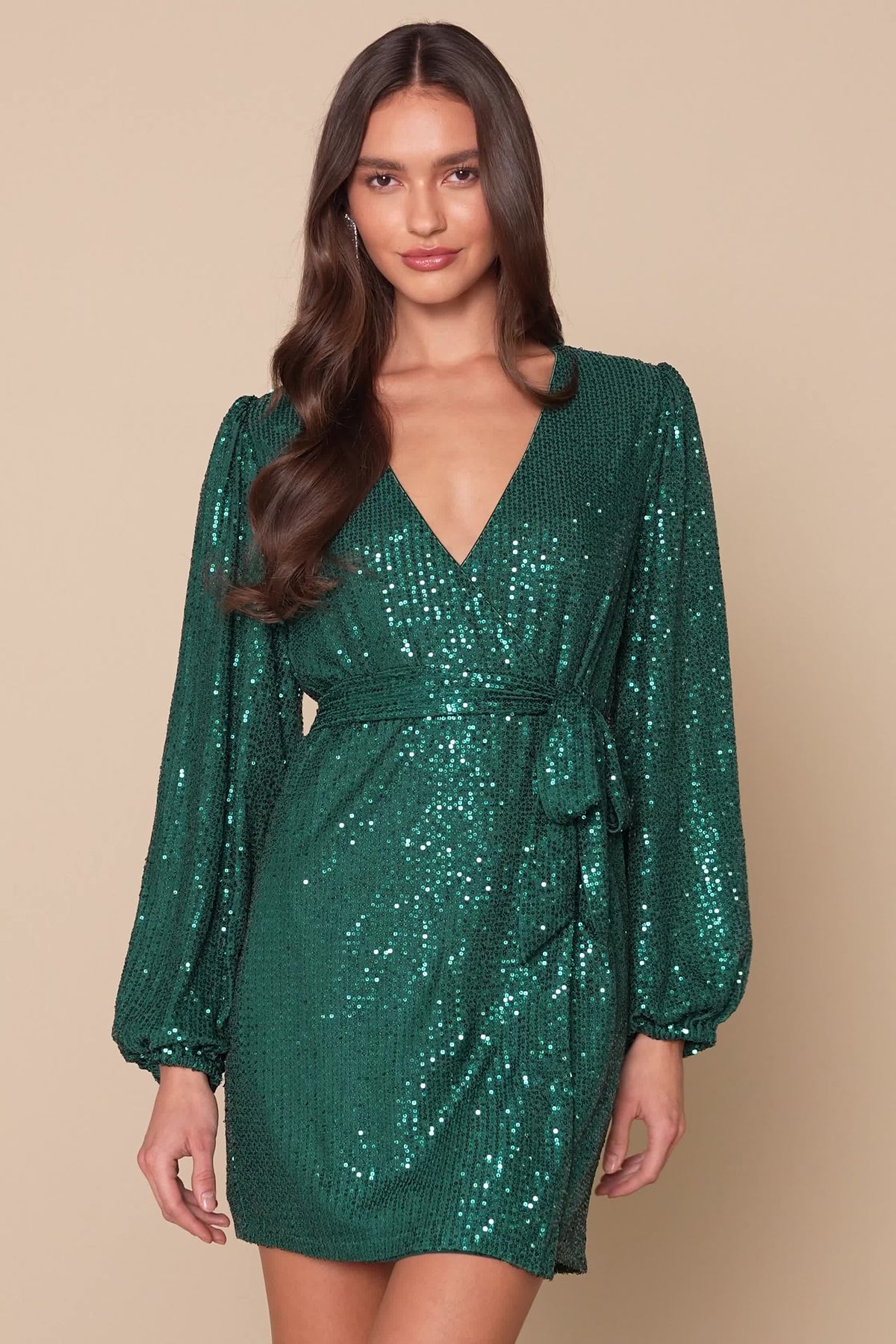 Emerald Green Sequin Long Sleeve Wrap Dress | Womens | X-Small (Also in S, M, L, XL) | Lulus | Cocktail Dresses | Some Stretch | Homecoming