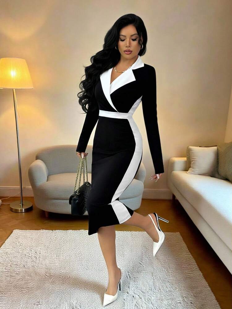 Elenzga Women's Elegant Contrast Color Collar Fitted Bodycon Dress, Long Sleeve, Little Black Dress, Autumn/Winter