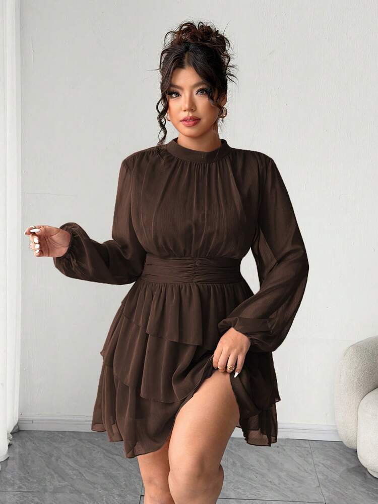 Elenzga Coffee Brown Plus Size Tiered Layer Dress For Women Elegant Stand Collar Long Bishop Sleeve Short A Line Plain Design Peplum Fall
