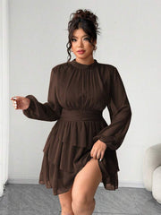 Elenzga Coffee Brown Plus Size Tiered Layer Dress For Women Elegant Stand Collar Long Bishop Sleeve Short A Line Plain Design Peplum Fall