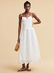 Travachic Women's Elegant White Tie-Strap Eyelet Embroidered Dress,Summer Tropical Holiday Vacation Tea Party Bridal Shower Dresses For The Bride,Picnic Brunch