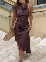 Brown Halter Neck Satin Dress, Cowl Neck Ruched Asymmetrical Midi Dress, Elegant Wear For Wedding Guest, Cocktail & Date Night Summer