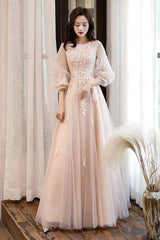 Pink Tulle Lace Long Sleeve Prom Dress, Lovely A-Line Party Dress