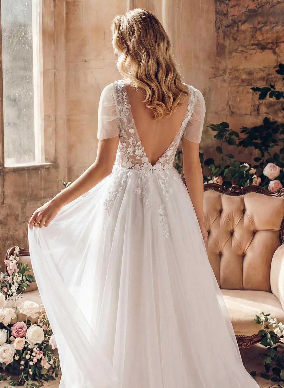 Missacc Ivory Bride Boho A-Line V-Neck Short Sleeves Lace/Tulle Wedding Dresses With Split Front