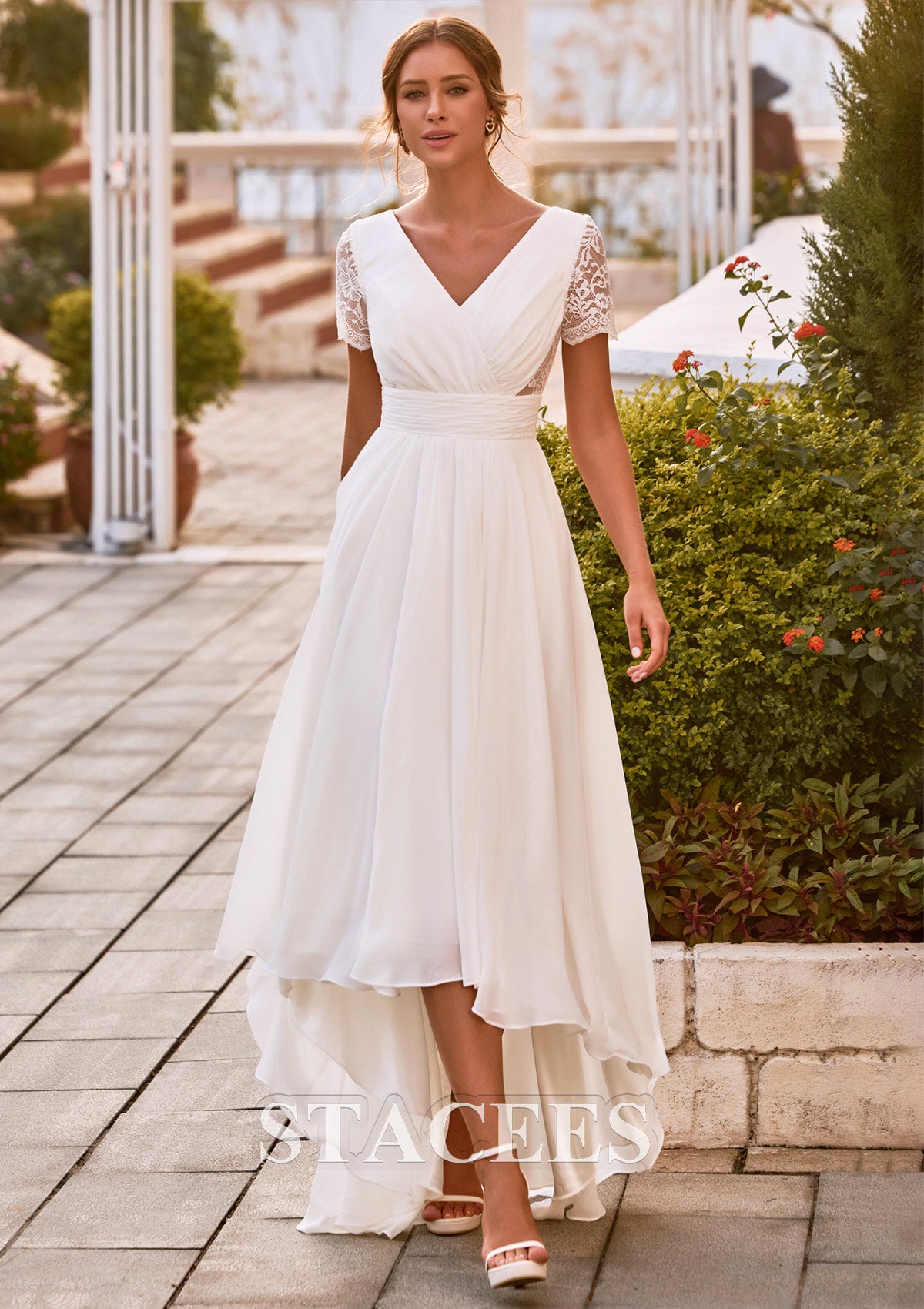 A-line V Neck Chiffon Asymmetrical Wedding Dress with Appliques Lace Pleated S3202W - Wedding Dresses
