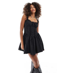 Miss Selfridge western poplin lace trim corset mini dress in black