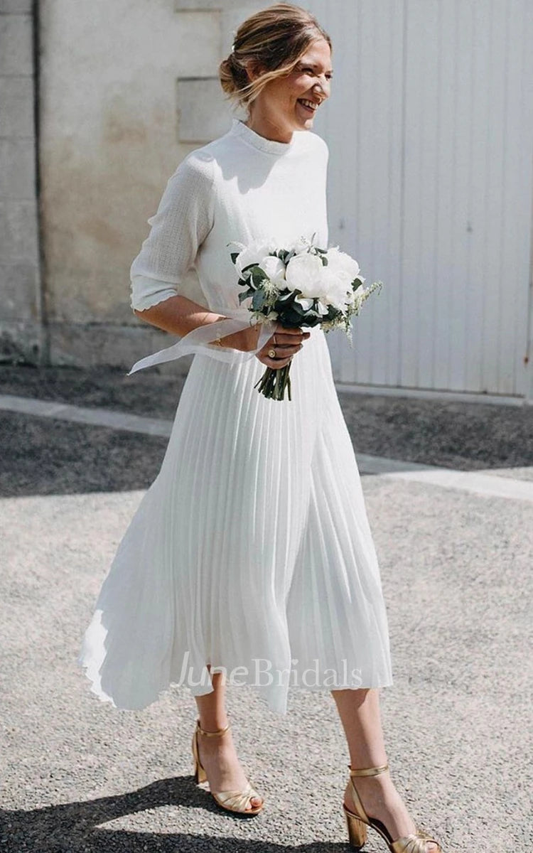 June Bridals Simple A-Line Tulle Fall Wedding Dress with Sleeves High Neck Keyhole Back Beach