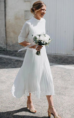 June Bridals Simple A-Line Tulle Fall Wedding Dress with Sleeves High Neck Keyhole Back Beach