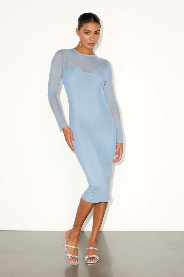 Lulus | Light Blue Sheer Mesh Long Sleeve Midi Dress | Womens | X-Small (Available in S, M, XL)