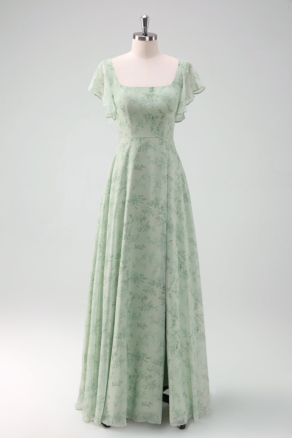 Dusty Sage Square Neck Floral Print Chiffon Long Bridesmaid Dress with Slit